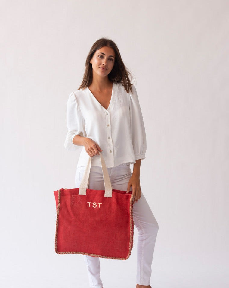 RED CONTRAST JUTE TOTE | PERSONALIZED