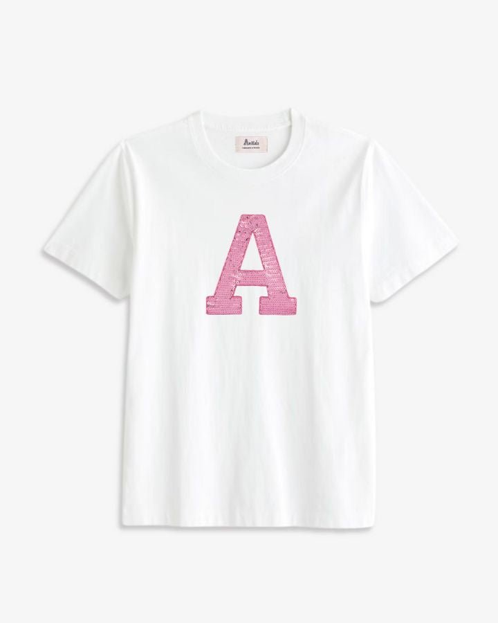 WHITE T-SHIRT | PINK SEQUINS INITIAL