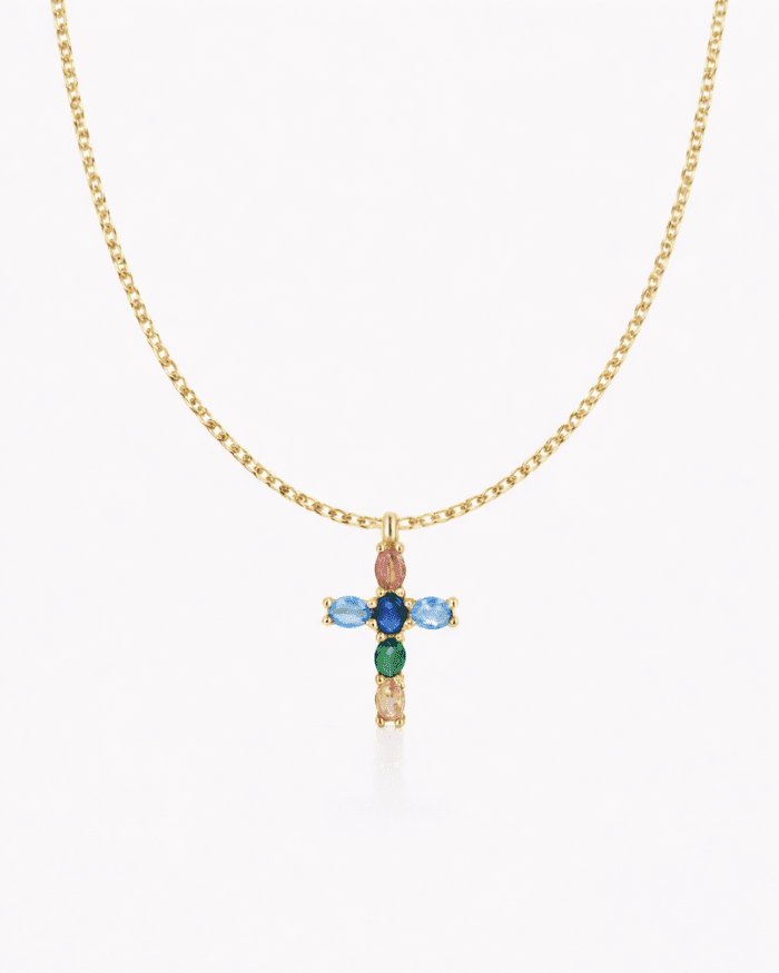 COLLAR CRUZ CIRCONITAS COLORES ORO