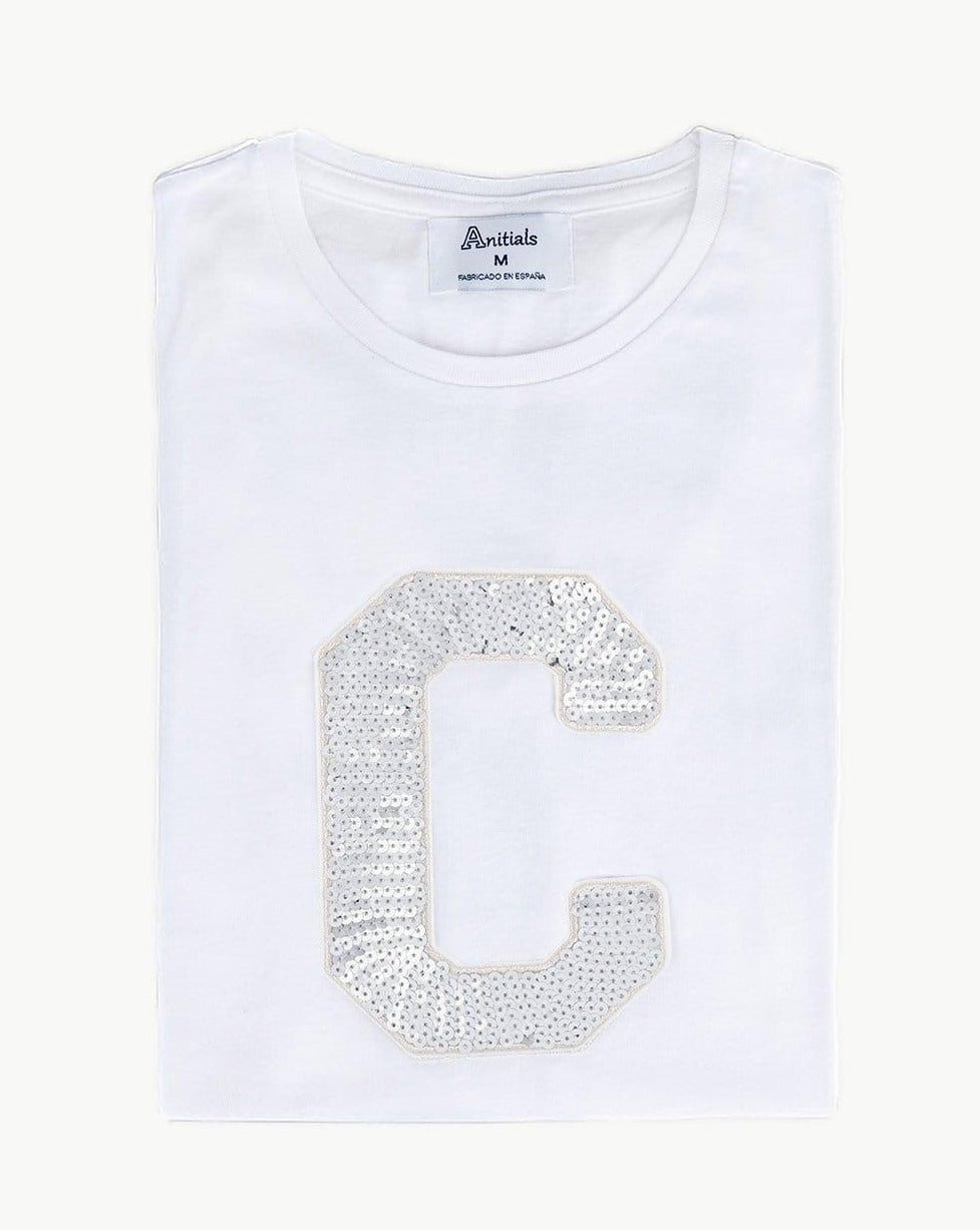 WHITE T-SHIRT | SILVER SEQUINS INITIAL