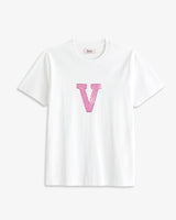 CAMISETA BLANCA | INICIAL LENTEJUELAS ROSAS -V- | TALLA S/L