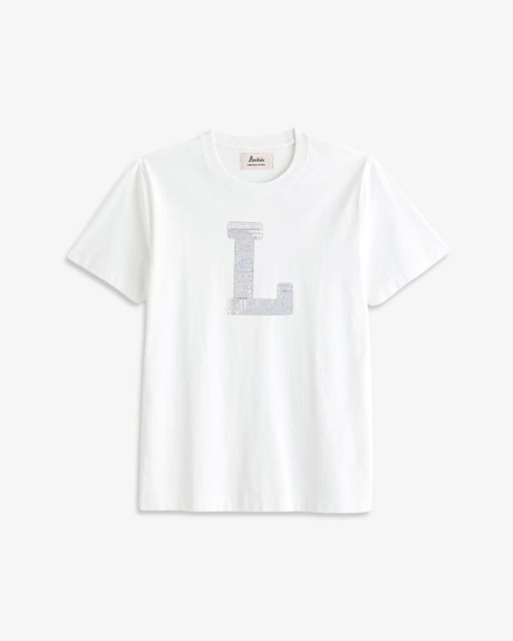 KIDS - CAMISETA BLANCA | INICIAL LENTEJUELAS PLATEADAS -L- | TALLA 3/4