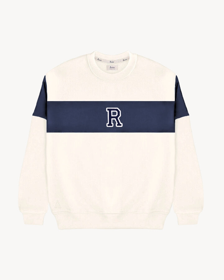 SUDADERA VARSITY · FRANJA AZUL MARINO | INICIAL