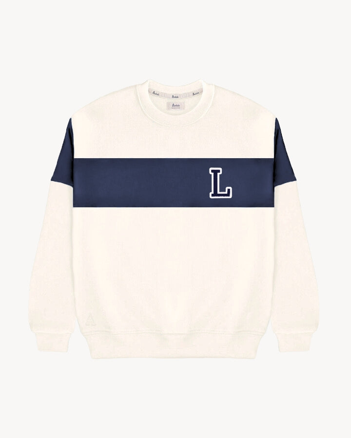 SUDADERA VARSITY · FRANJA AZUL MARINO | INICIAL