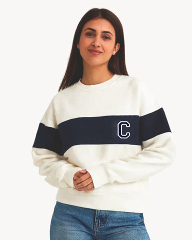 SUDADERA VARSITY OFF WHITE/NAVY BLUE | INICIAL MINI