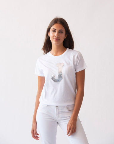 WHITE T-SHIRT | INITIAL SILVER SEQUINS