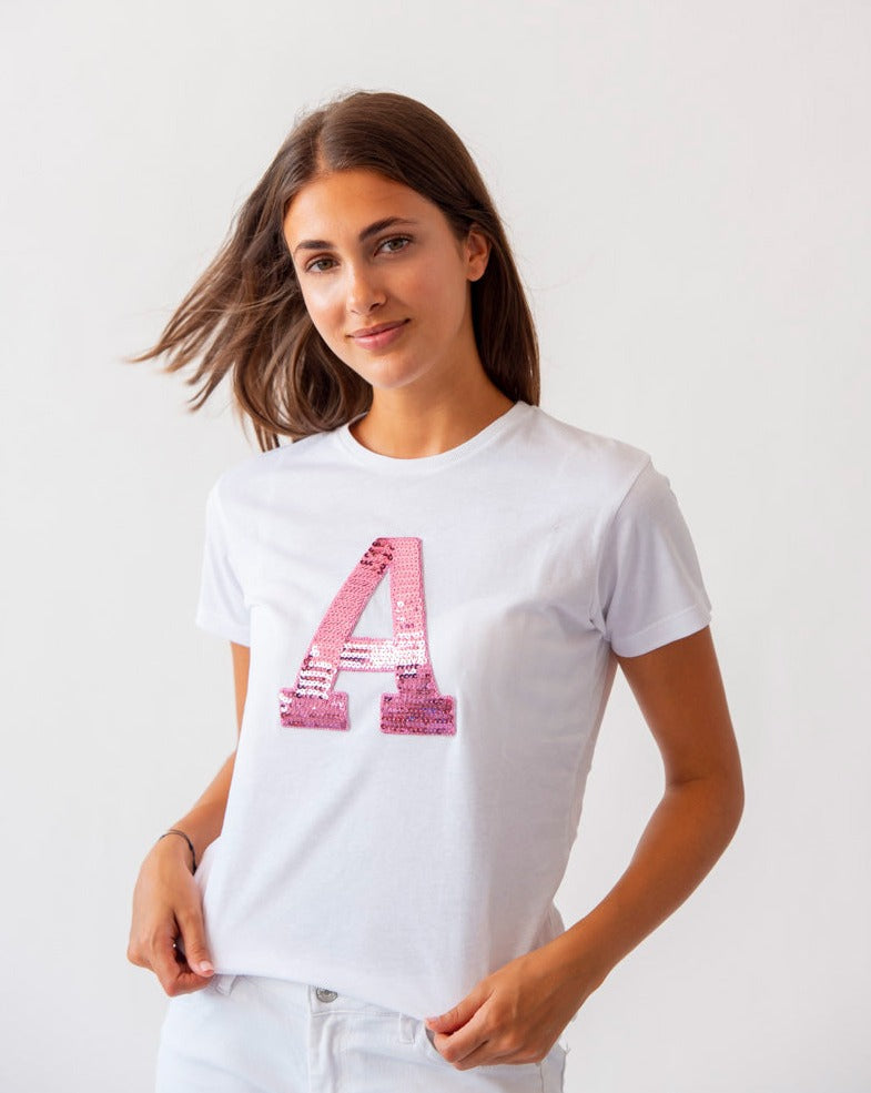 WHITE T-SHIRT | INITIAL PINK SEQUINS