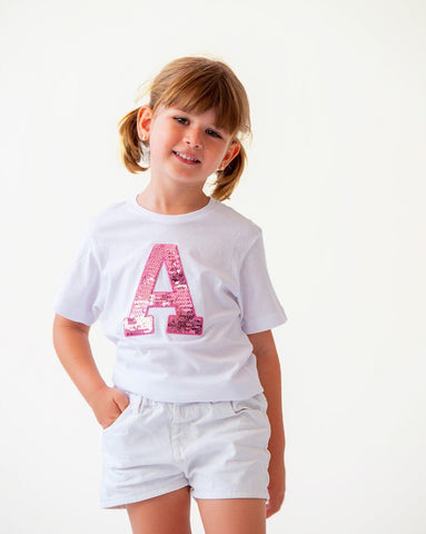 KIDS - CAMISETA BLANCA | INICIAL LENTEJUELAS ROSAS