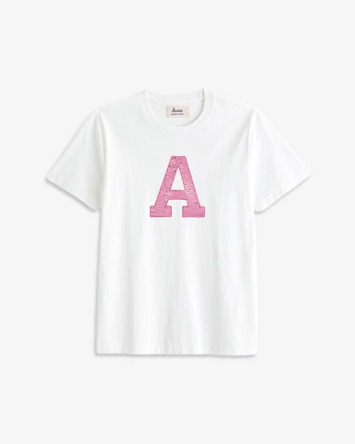 KIDS - WHITE T-SHIRT | PINK SEQUINS INITIAL