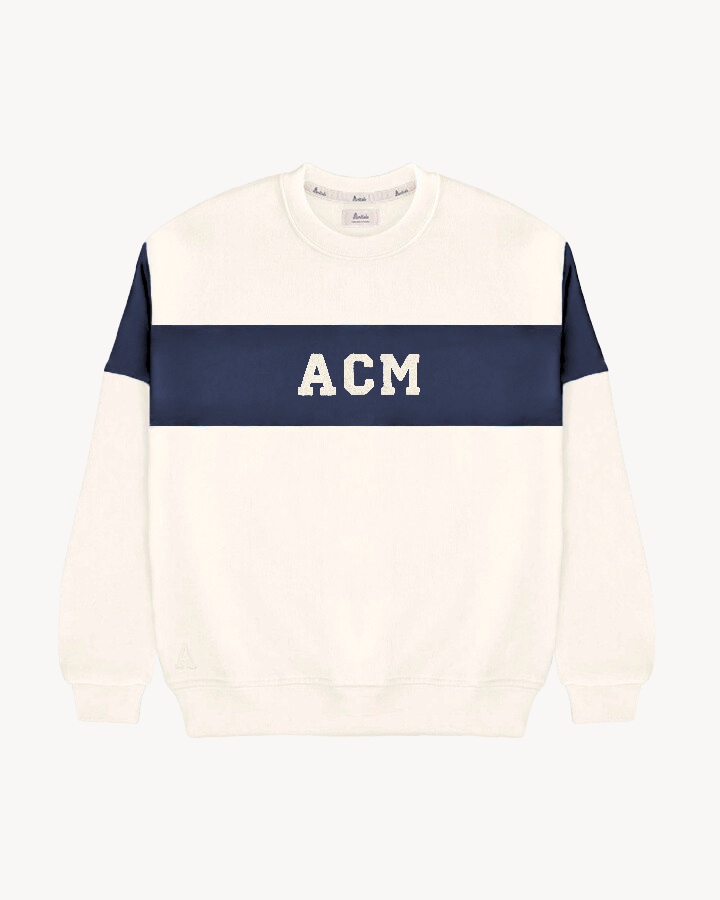 SUDADERA VARSITY OFF WHITE/NAVY BLUE | INICIALES MICRO TEXTO