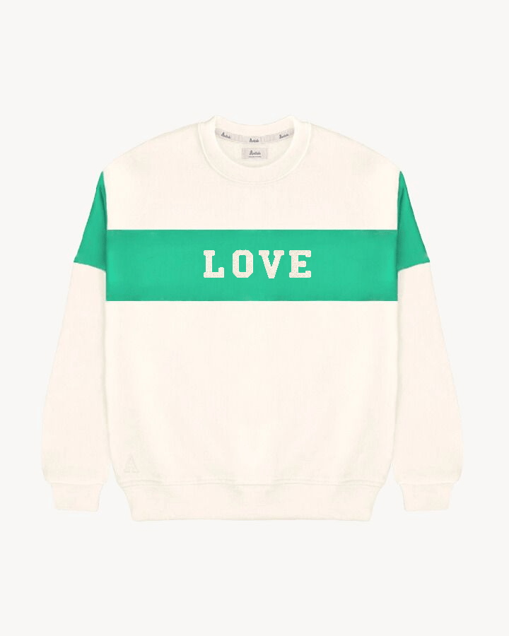 SUDADERA VARSITY OFF WHITE/KELLY GREEN | INICIALES MICRO TEXTO