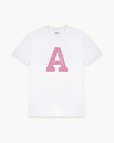 WHITE T-SHIRT | PINK SEQUINS INITIAL