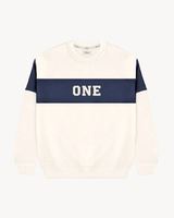 VARSITY SWEATSHIRT OFF WHITE/NAVY BLUE | ONE OR MORE INITIAL MICRO CURL