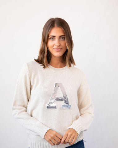 BEIGE SWEATER | INITIAL SILVER SEQUINS