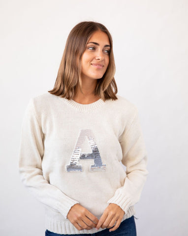 JERSEY BEIGE | INICIAL LENTEJUELAS PLATEADAS