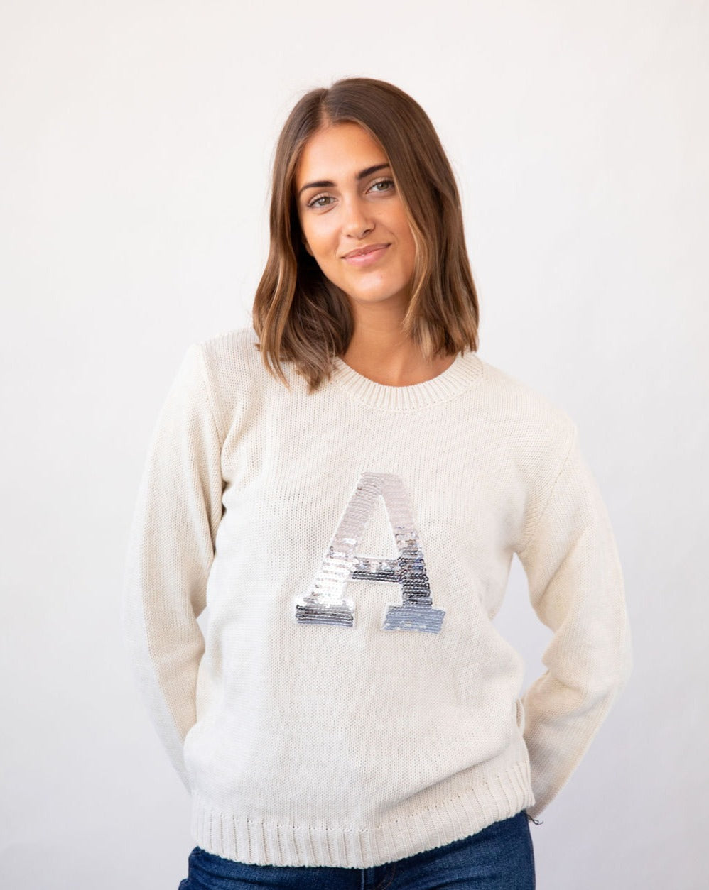 BEIGE SWEATER | INITIAL SILVER SEQUINS