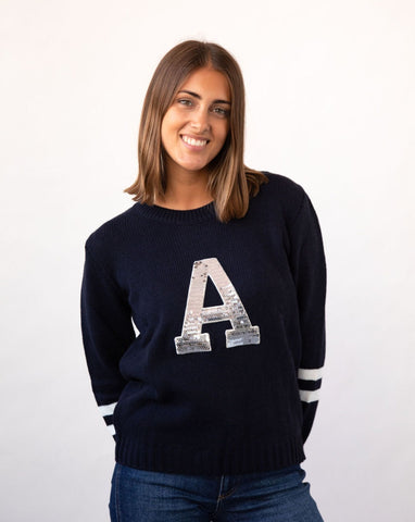 NAVY BLUE STRIPED SWEATER | INITIAL SILVER SEQUINS